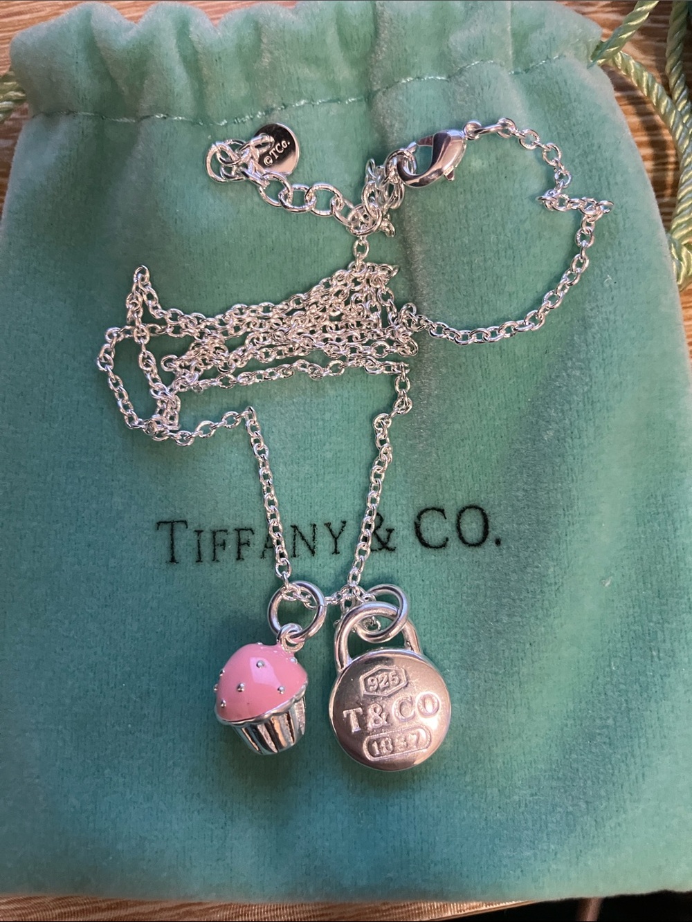 Tiffany & Co. Sterling Silver Necklace with Pink Cupcake and Padlock Charms